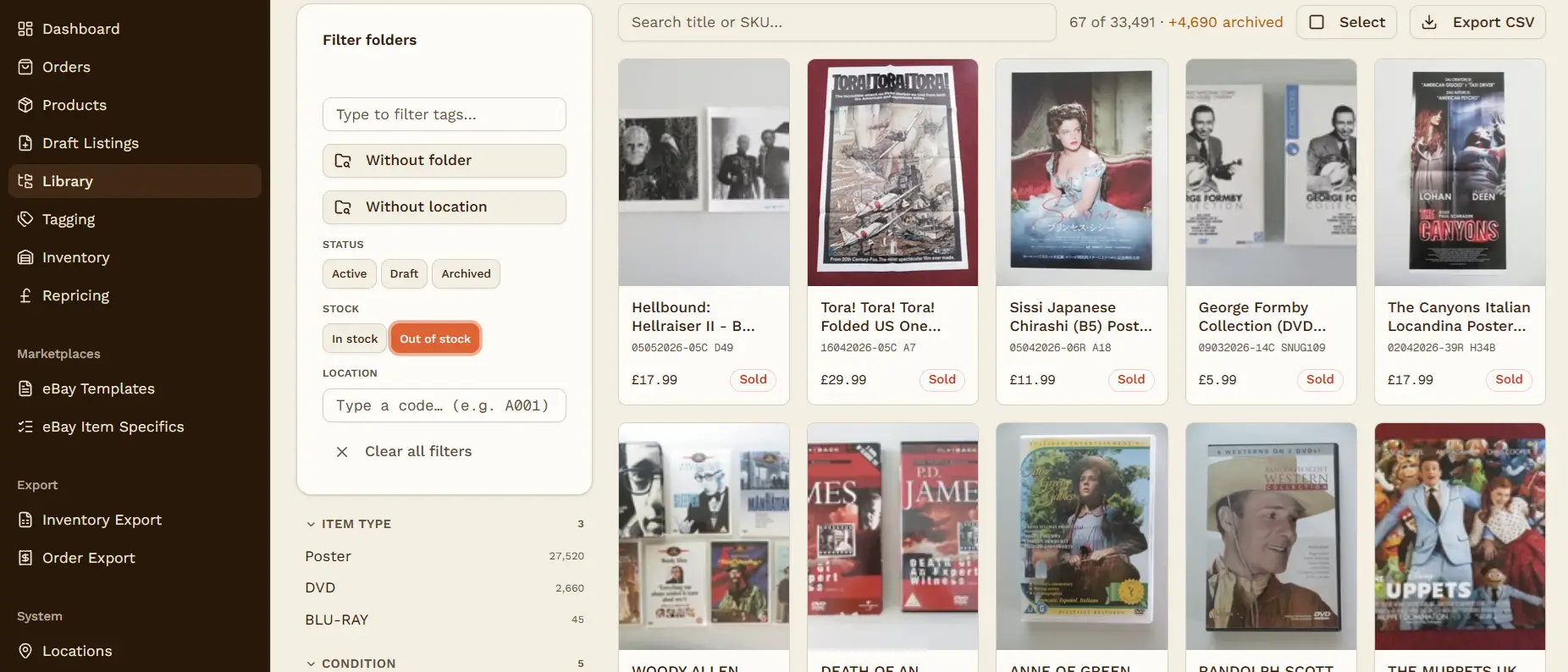 The Overlook library view, browsing Rendezvous Cinema's posters and DVDs by tag, condition and stock