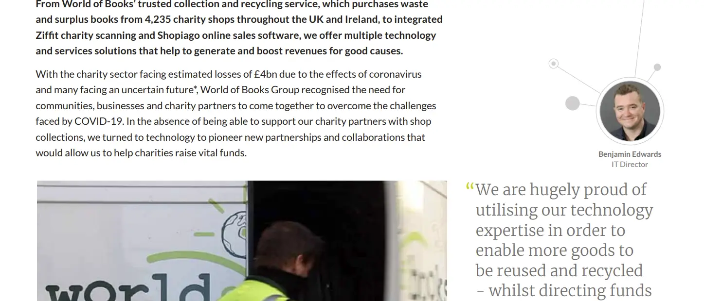 World of Books charity partnerships page, with a collection van being loaded and a quote from Benjamin Edwards as IT Director